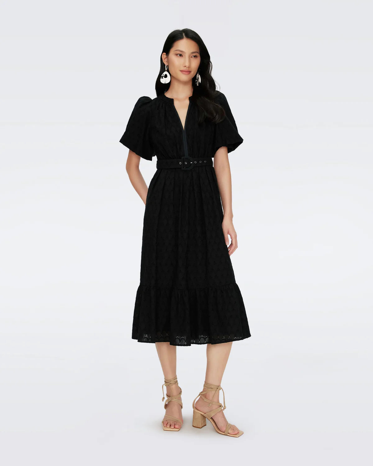 Polina Puff-Sleeve Flounce Eyelet Midi Dress