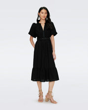 Polina Puff-Sleeve Flounce Eyelet Midi Dress