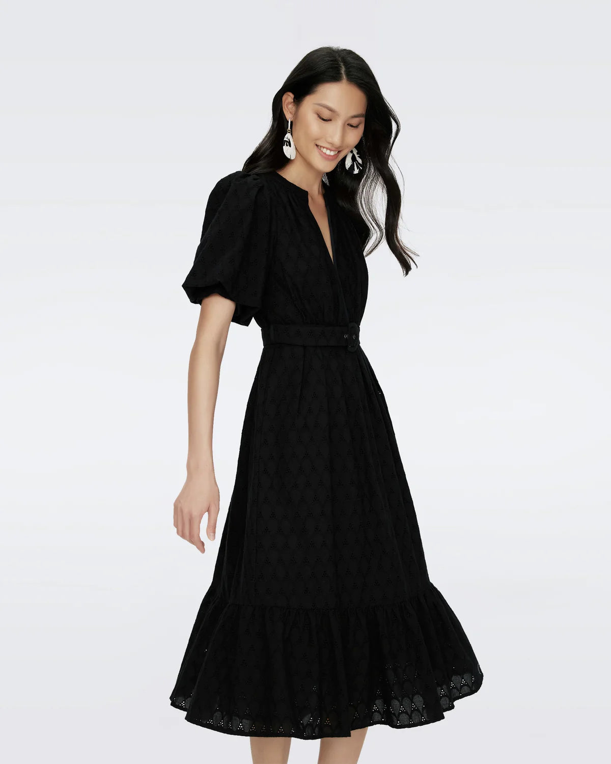 Polina Puff-Sleeve Flounce Eyelet Midi Dress