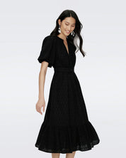 Polina Puff-Sleeve Flounce Eyelet Midi Dress