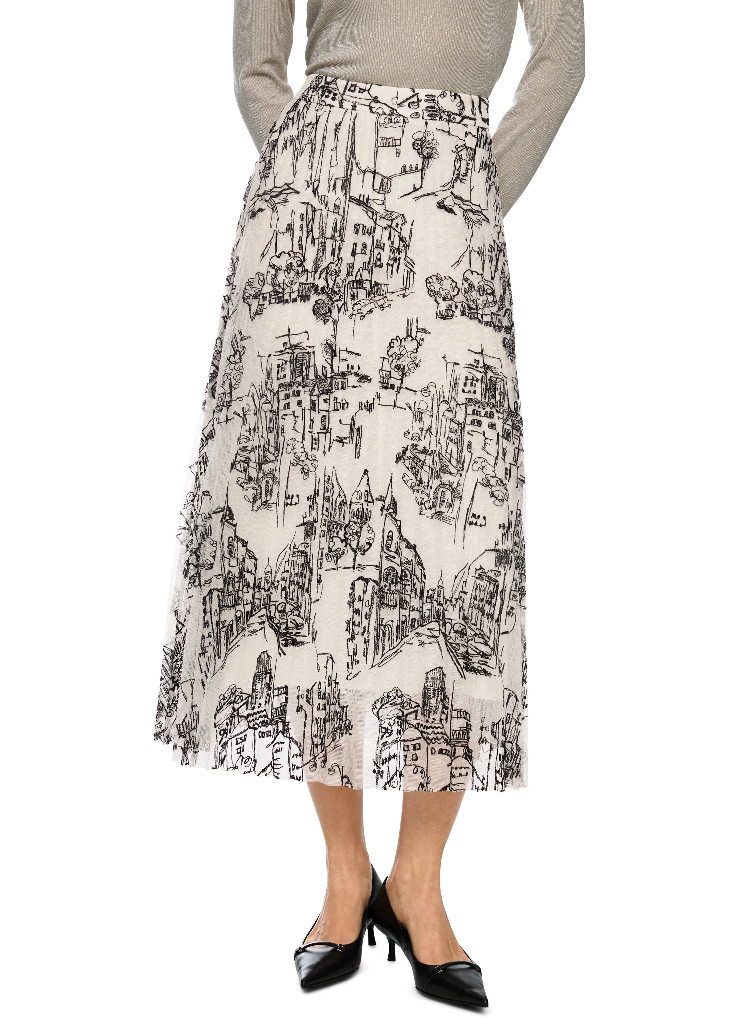 Pleated Skirt With City Motif Smoke