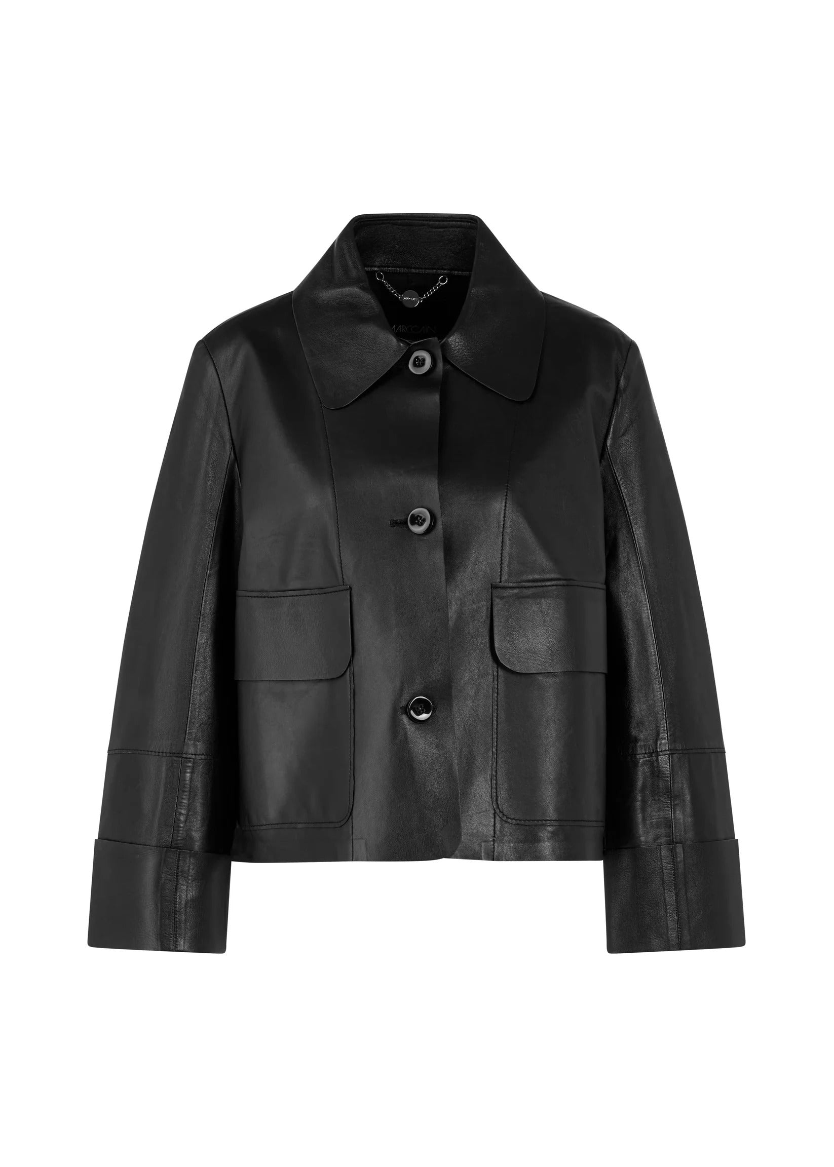 Short Length Wide-Sleeve Leather Jacket Black