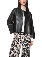 Short Length Wide-Sleeve Leather Jacket Black