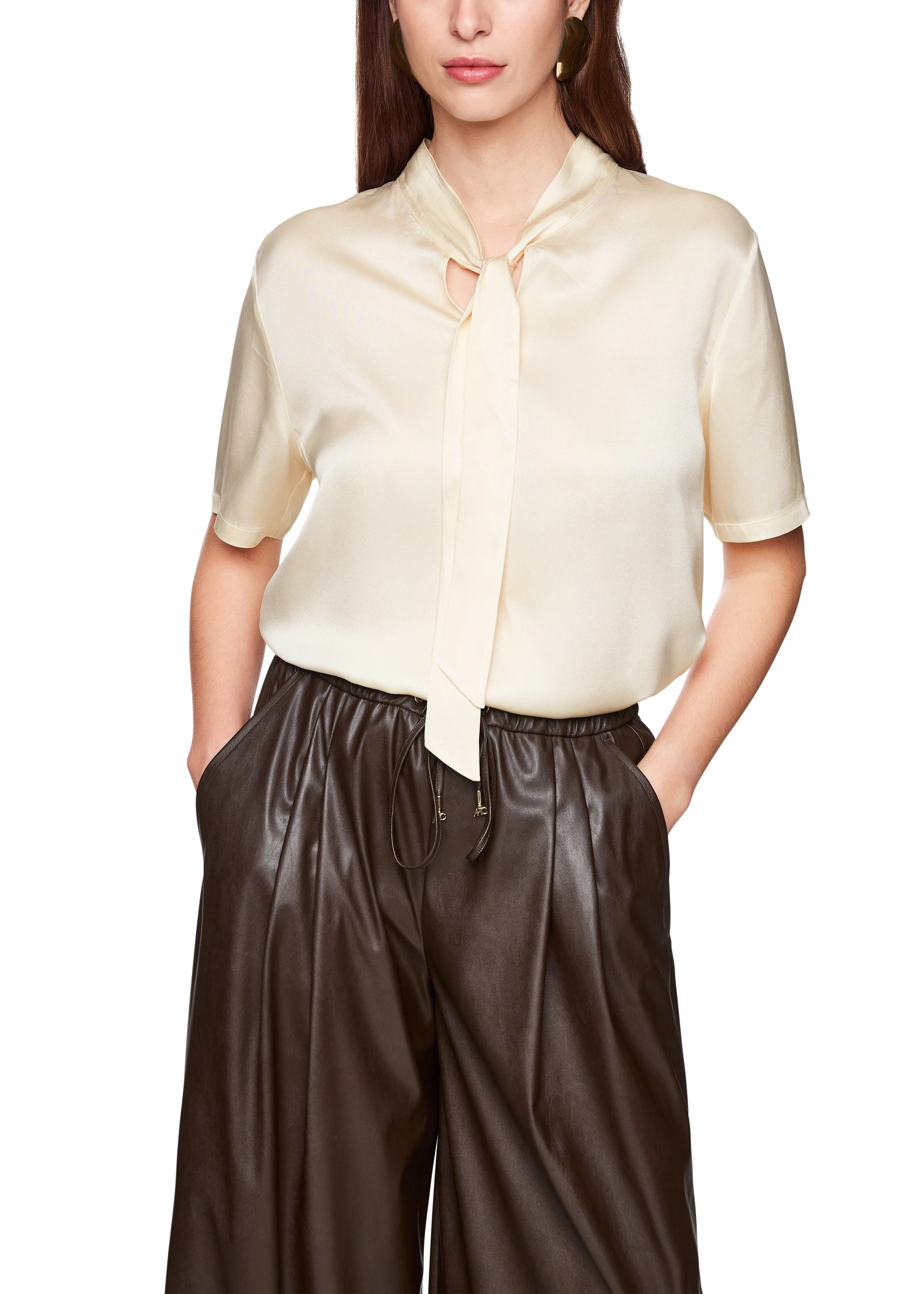 Silk Blouse Shirt With Bow Bright Ecru