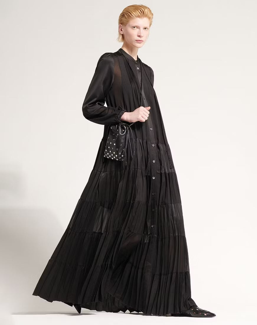 Maiden Long black technical satin shirt dress