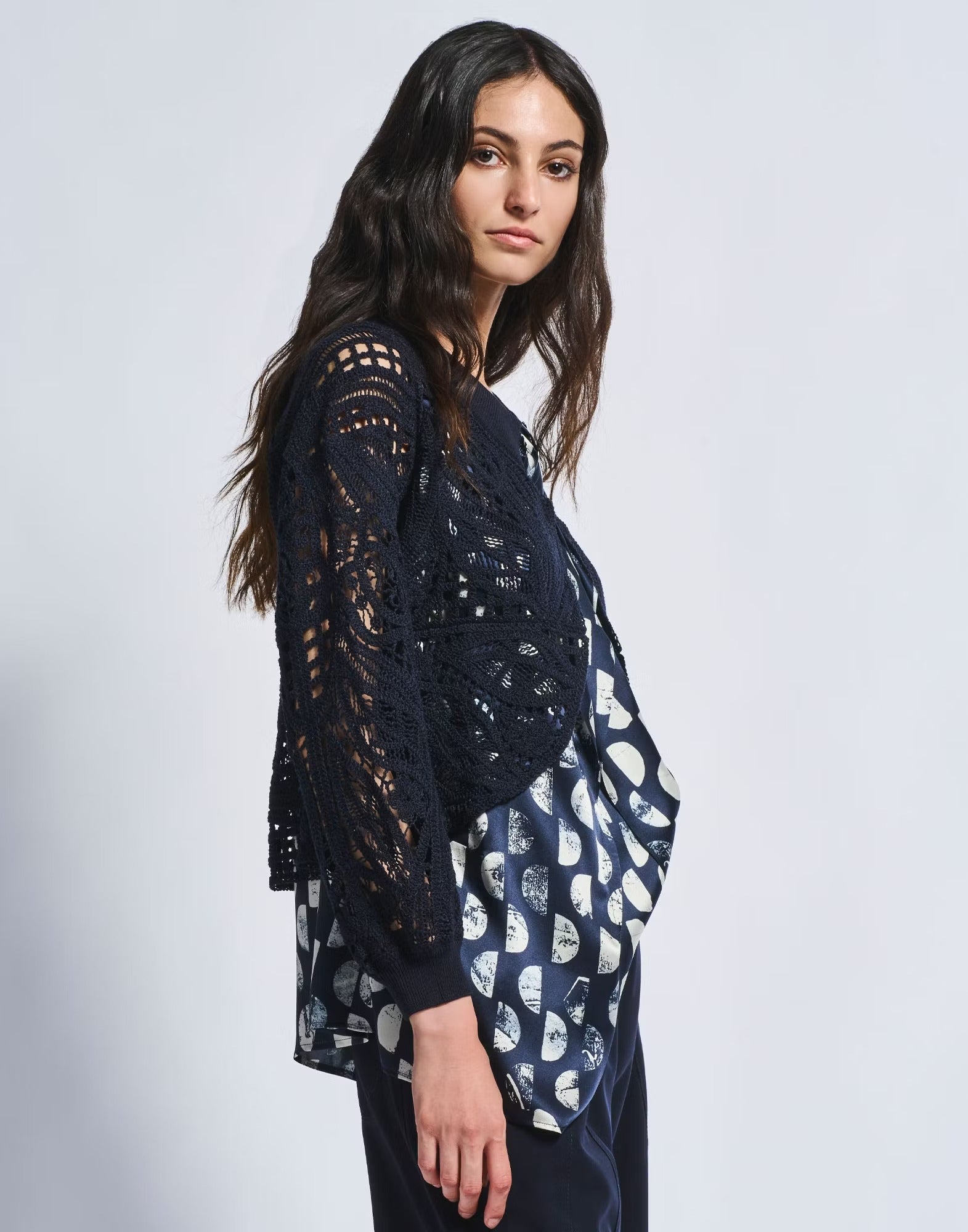Appeal Embroidered navy blue silk–lyocell cardigan