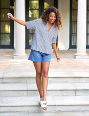 Patty Short-Sleeve Popover Henley Navy/White stripe