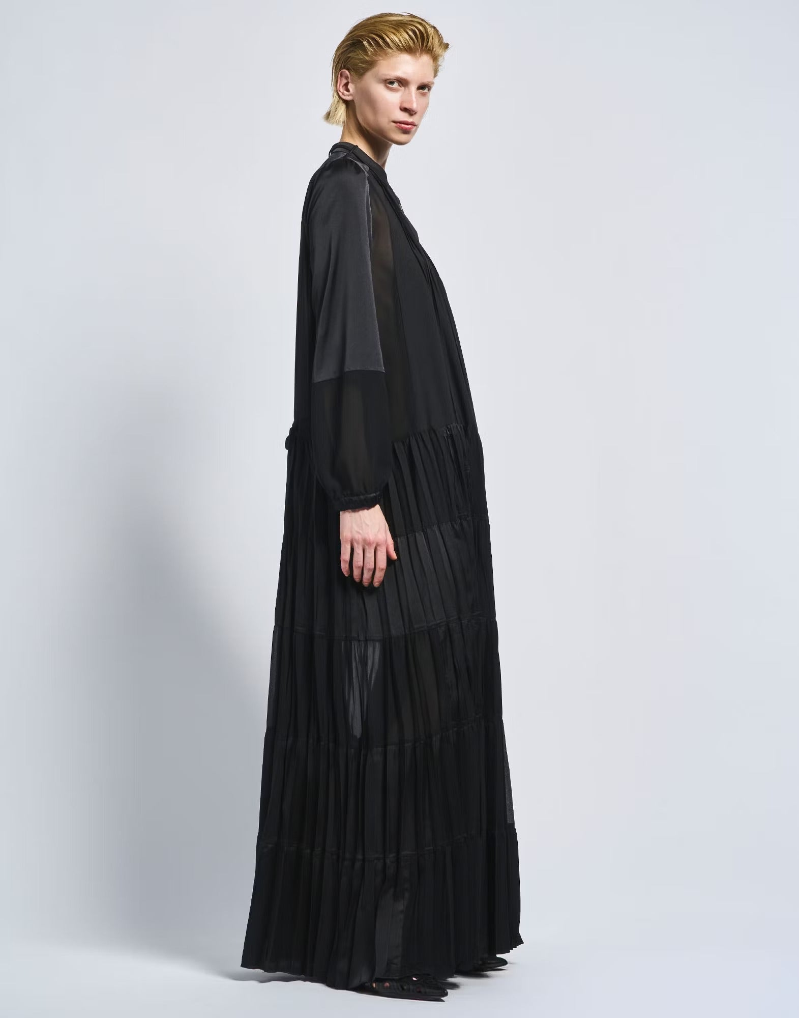 Maiden Long black technical satin shirt dress