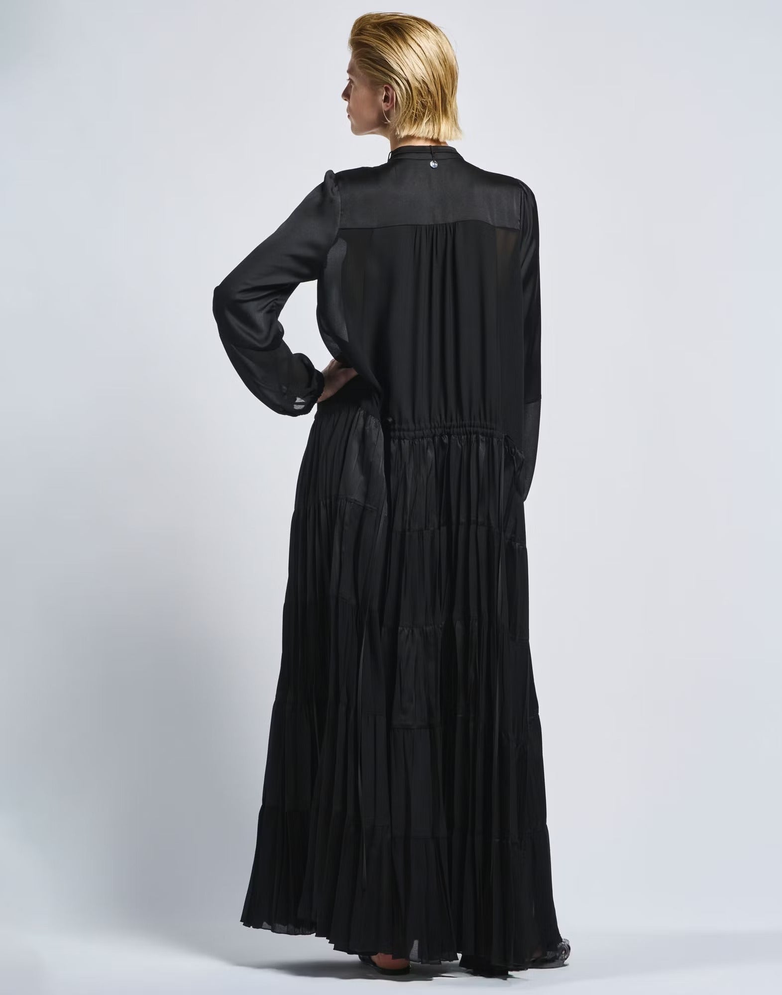 Maiden Long black technical satin shirt dress