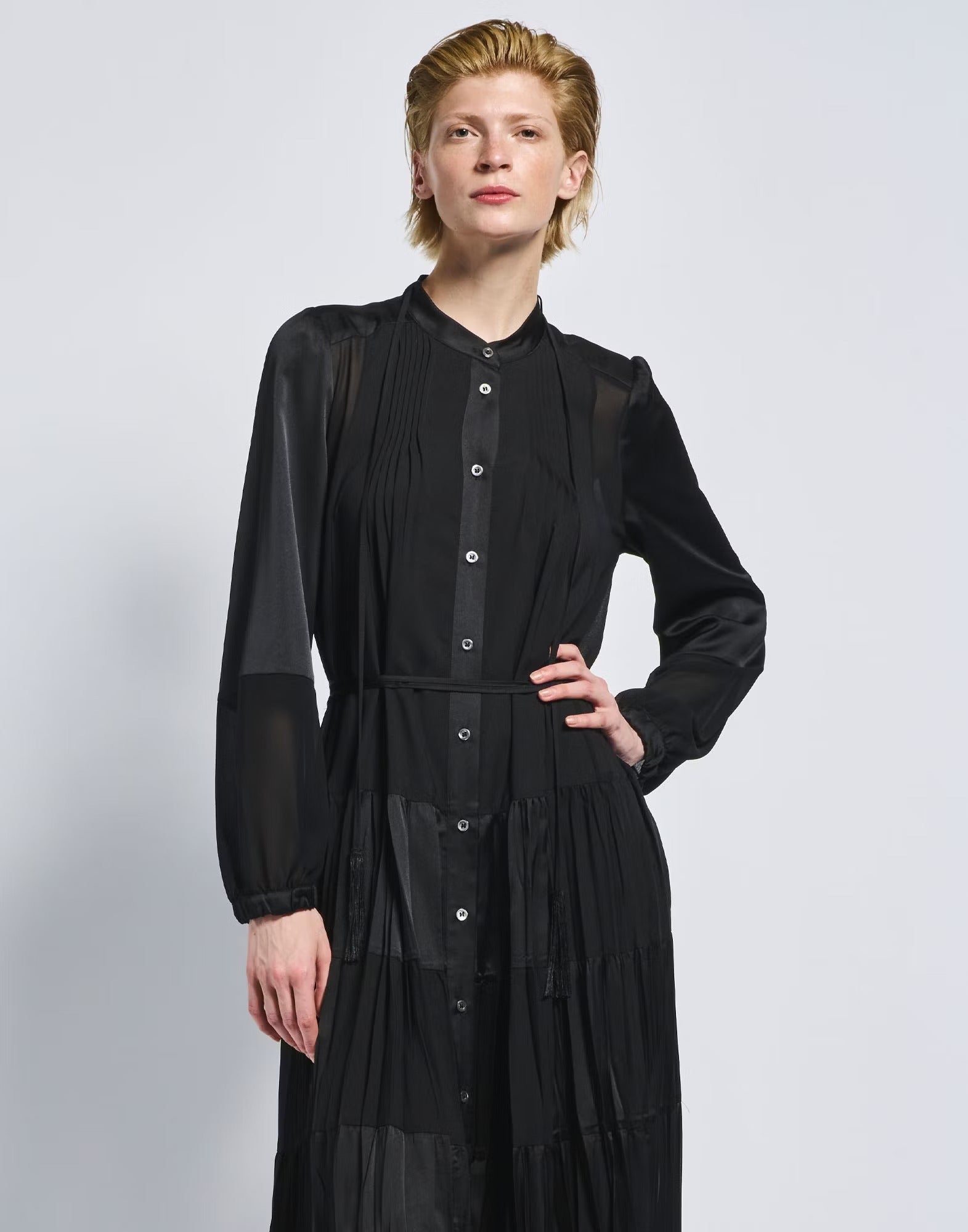 Maiden Long black technical satin shirt dress