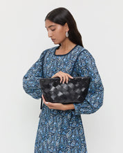 Melina Square Woven Clutch Black