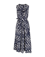Perfectionist Silk satin midi dress with blue and white polka dots