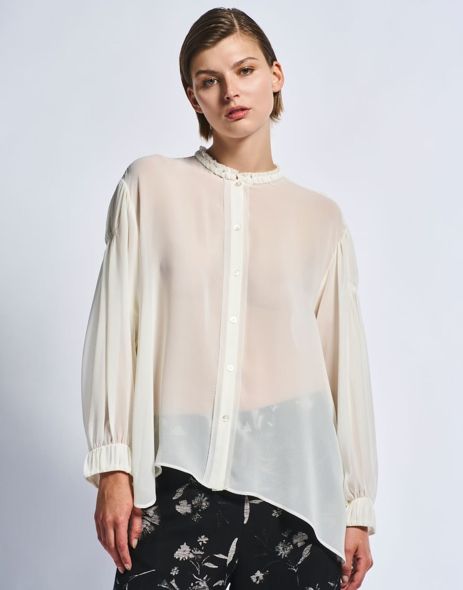 Jasmin Ivory sheer silk shirt with ruching