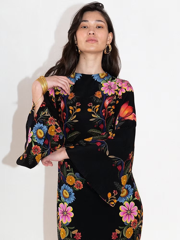 Finley Silk Crepe Dress Black Floral Printed