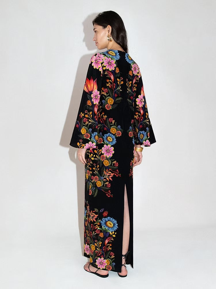 Finley Silk Crepe Dress Black Floral Printed