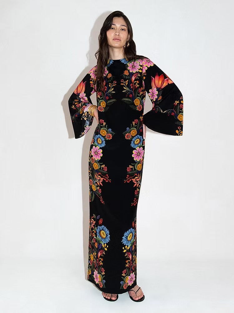 Finley Silk Crepe Dress Black Floral Printed