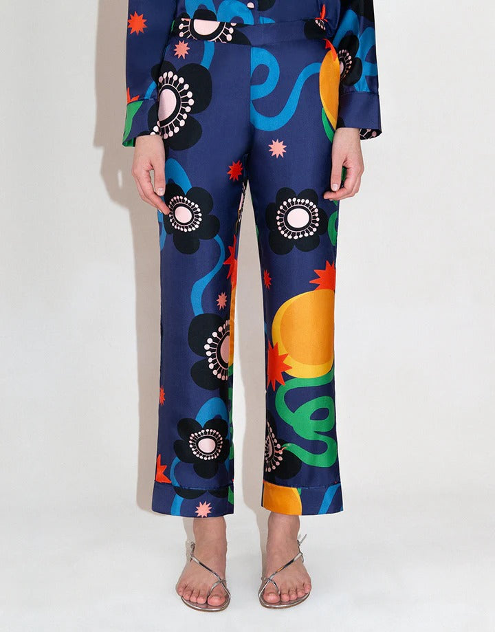 Eden Trouser Silk Twill Navy Print