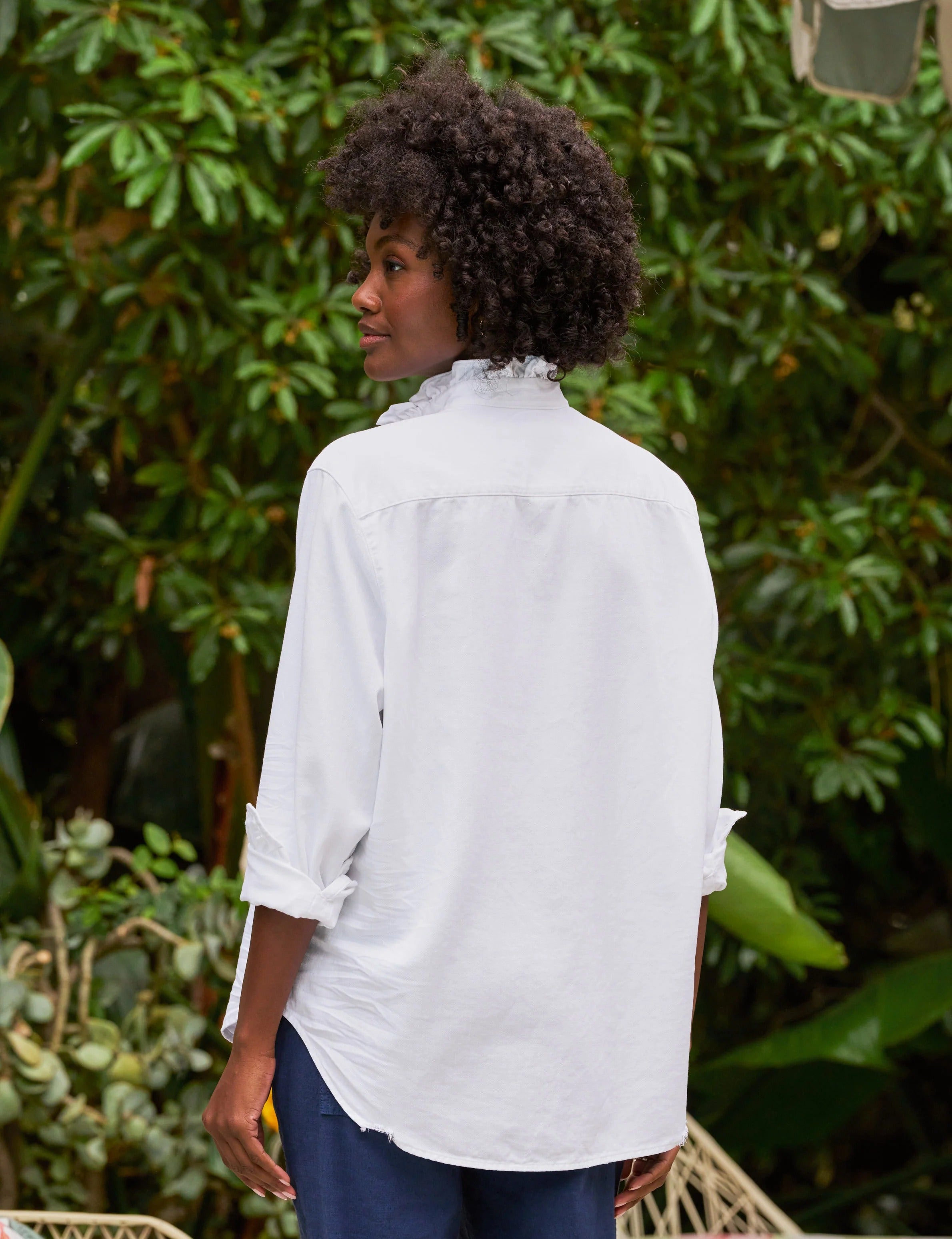 Eileen White Ruffle Collar Button-Up Shirt