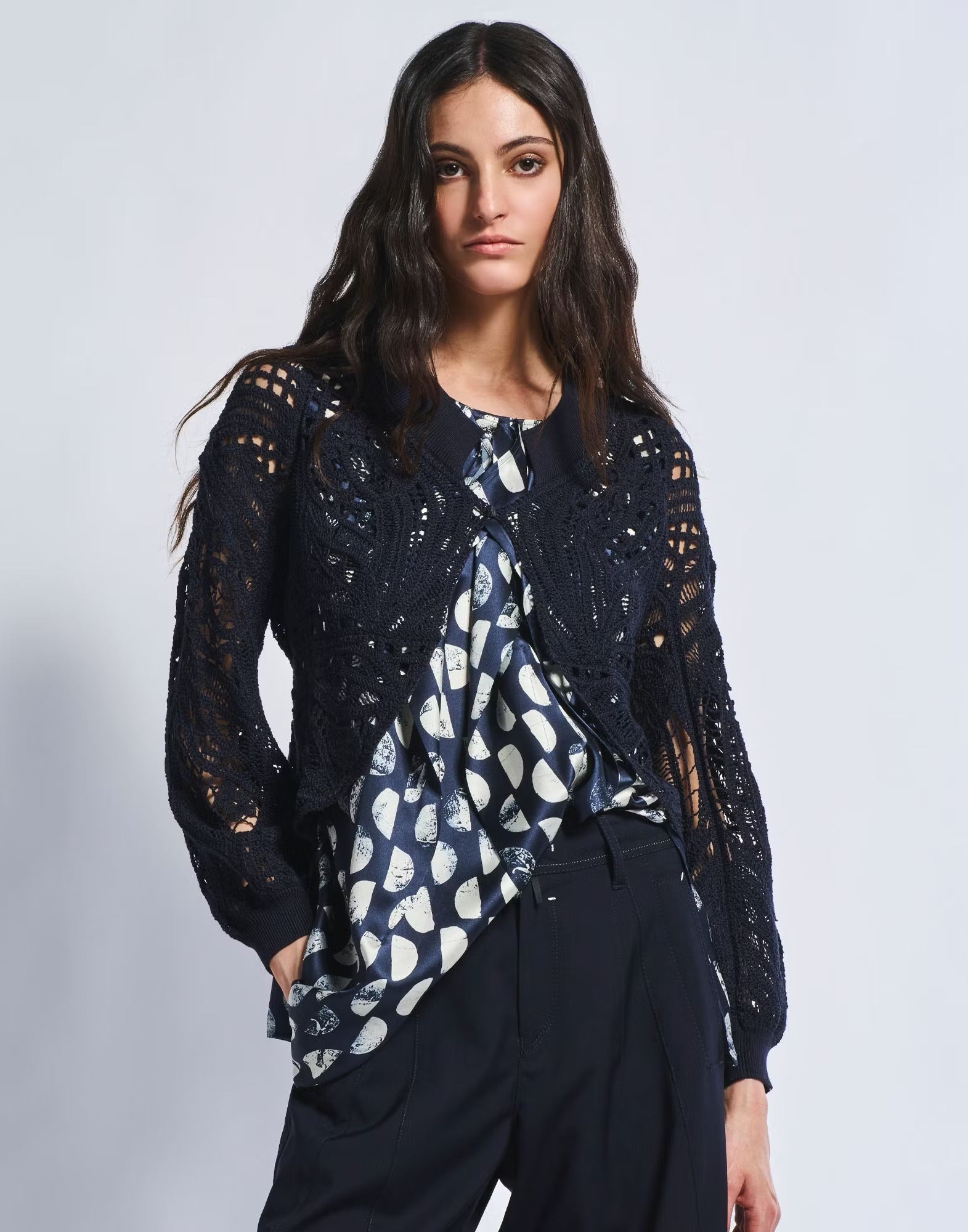 Appeal Embroidered navy blue silk–lyocell cardigan