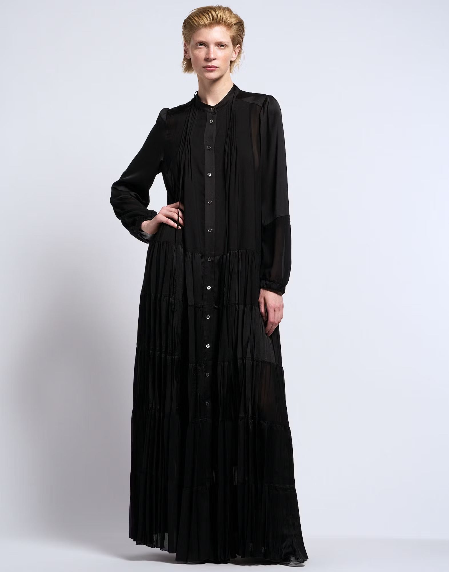 Maiden Long black technical satin shirt dress