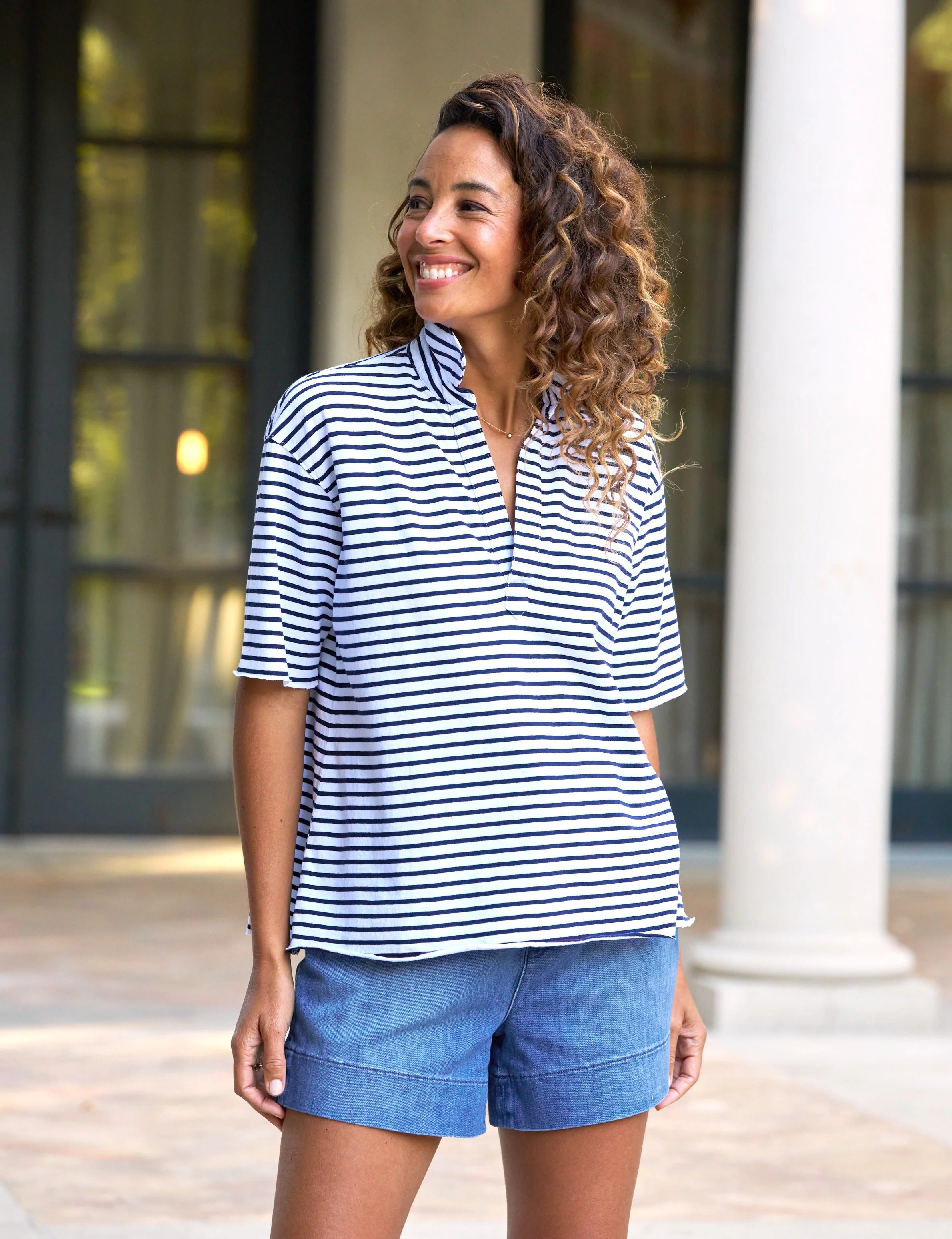 Patty Short-Sleeve Popover Henley Navy/White stripe