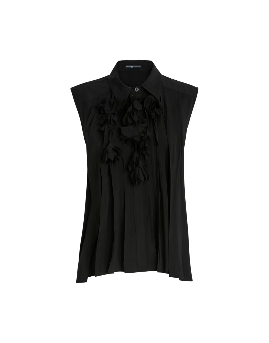 Doodle Black sleeveless shirt in viscose with floral appliqué
