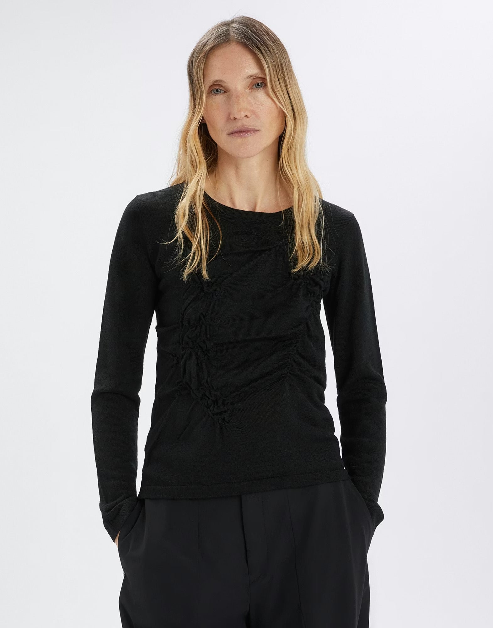 Phoenix Black wool-blend sweater with front ruching