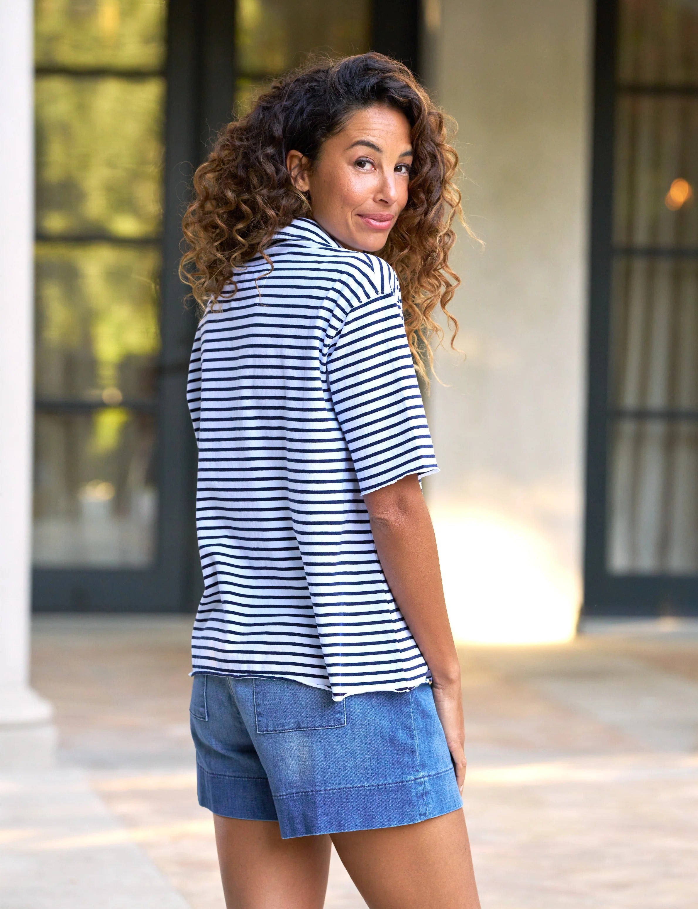 Patty Short-Sleeve Popover Henley Navy/White stripe