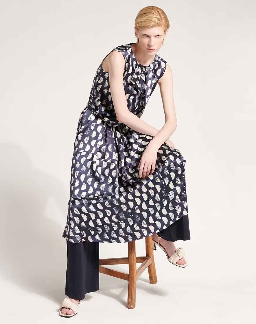 Perfectionist Silk satin midi dress with blue and white polka dots