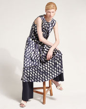 Perfectionist Silk satin midi dress with blue and white polka dots