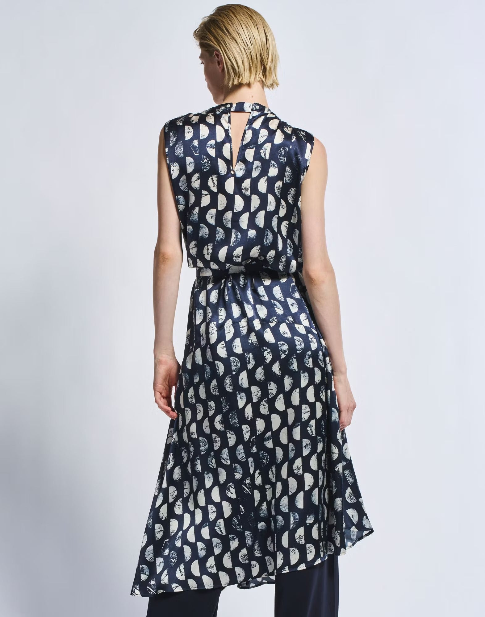Perfectionist Silk satin midi dress with blue and white polka dots