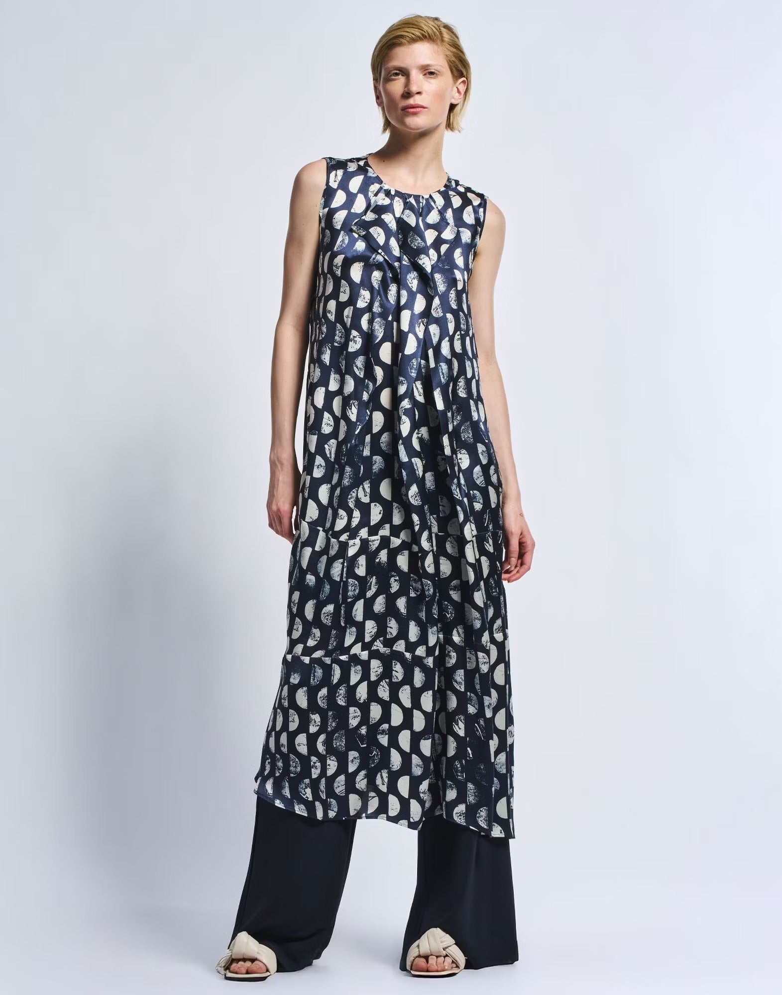 Perfectionist Silk satin midi dress with blue and white polka dots