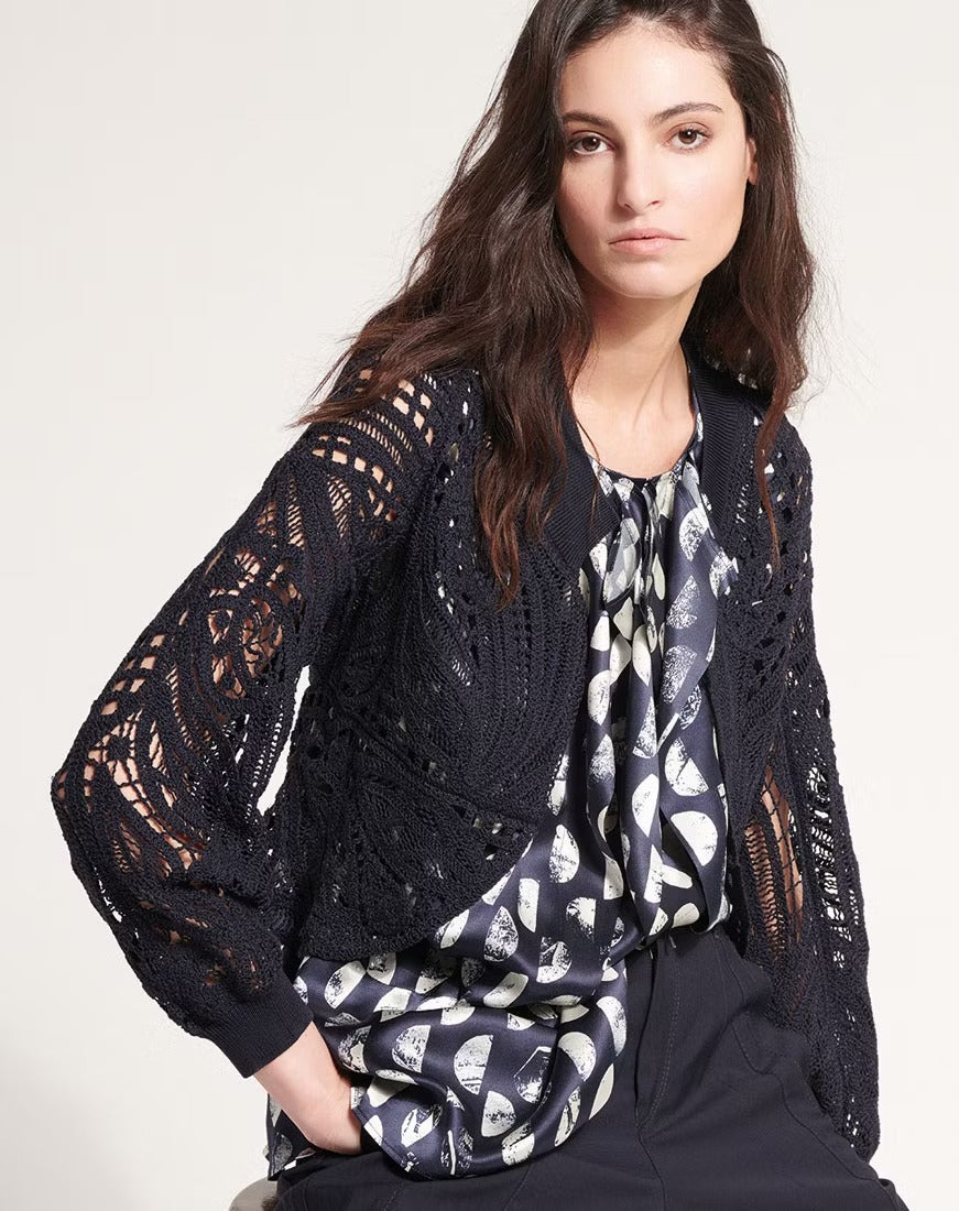 Appeal Embroidered navy blue silk–lyocell cardigan