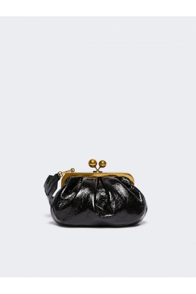 Navetta small crinkled leather pasticcino bag black