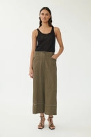 Bravo Relaxed Linen Blend Culottes with Contrast Raw Edges Khaki