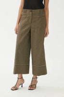 Bravo Relaxed Linen Blend Culottes with Contrast Raw Edges Khaki