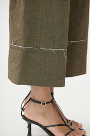 Bravo Relaxed Linen Blend Culottes with Contrast Raw Edges Khaki