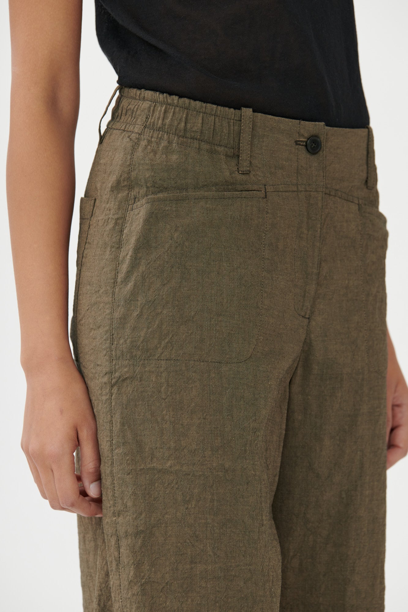 Bravo Relaxed Linen Blend Culottes with Contrast Raw Edges Khaki