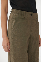 Bravo Relaxed Linen Blend Culottes with Contrast Raw Edges Khaki