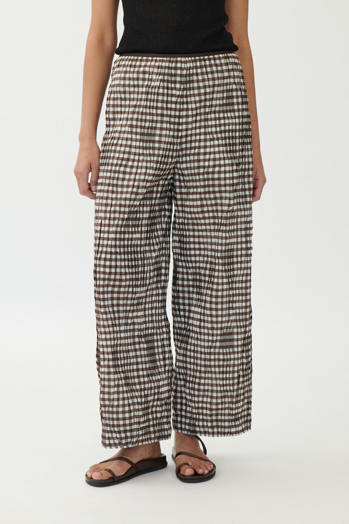Navy Sculptural Culotte in Textured Check Fabric Brown