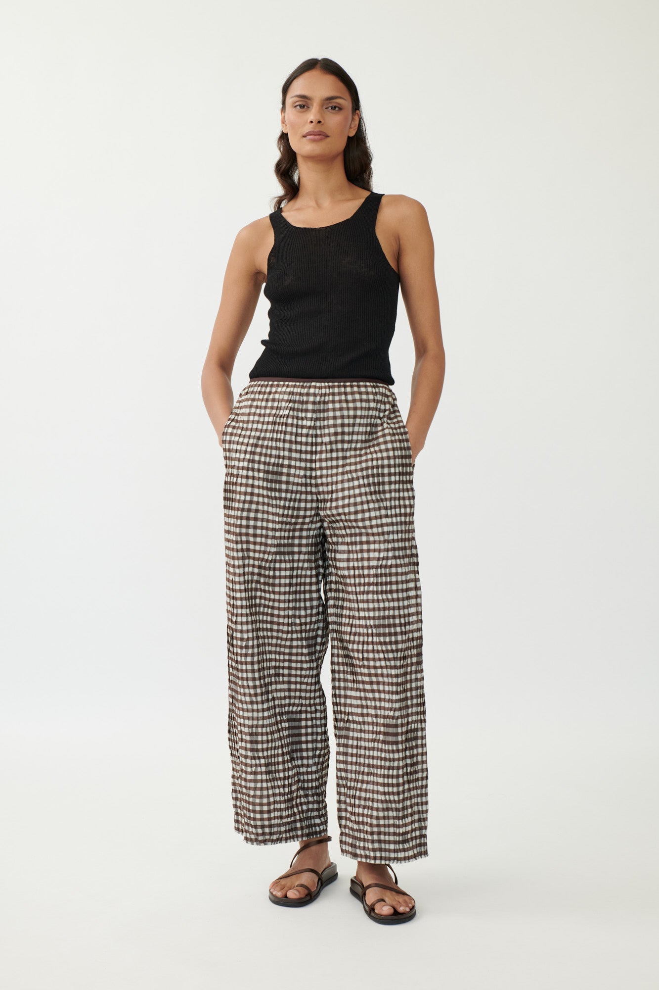 Navy Sculptural Culotte in Textured Check Fabric Brown