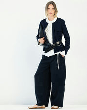 Limbo Navy Blue Wide-Leg Cropped Pants in Stretch Pinstripe