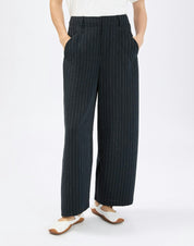 Limbo Navy Blue Wide-Leg Cropped Pants in Stretch Pinstripe