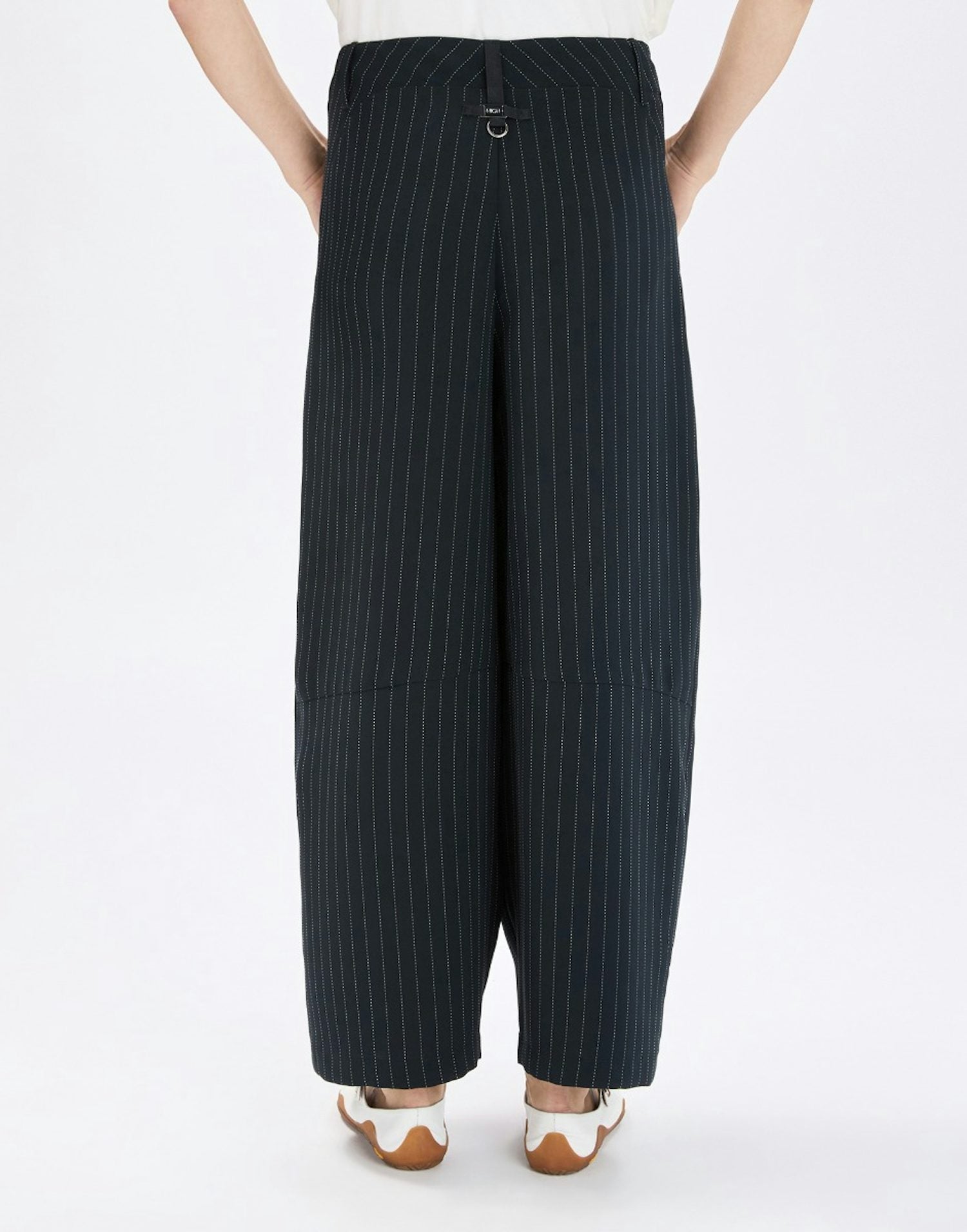 Limbo Navy Blue Wide-Leg Cropped Pants in Stretch Pinstripe