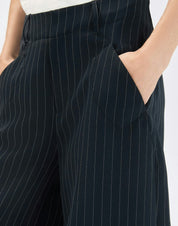Limbo Navy Blue Wide-Leg Cropped Pants in Stretch Pinstripe