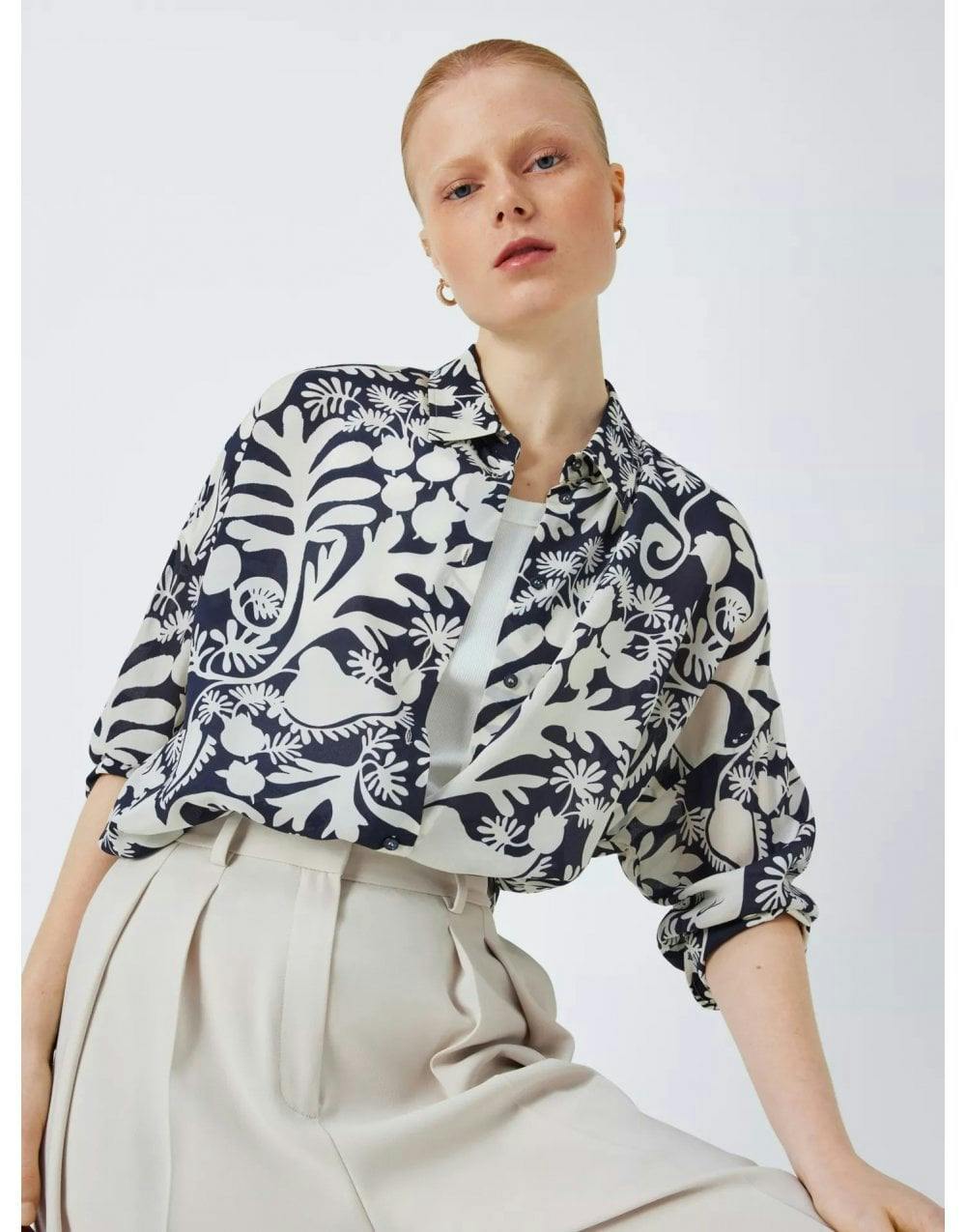 Peana Botanical Print Navy Silk Shirt