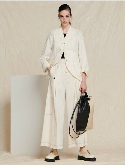 Affinity Pinstripe Collarless Jacket in Off White